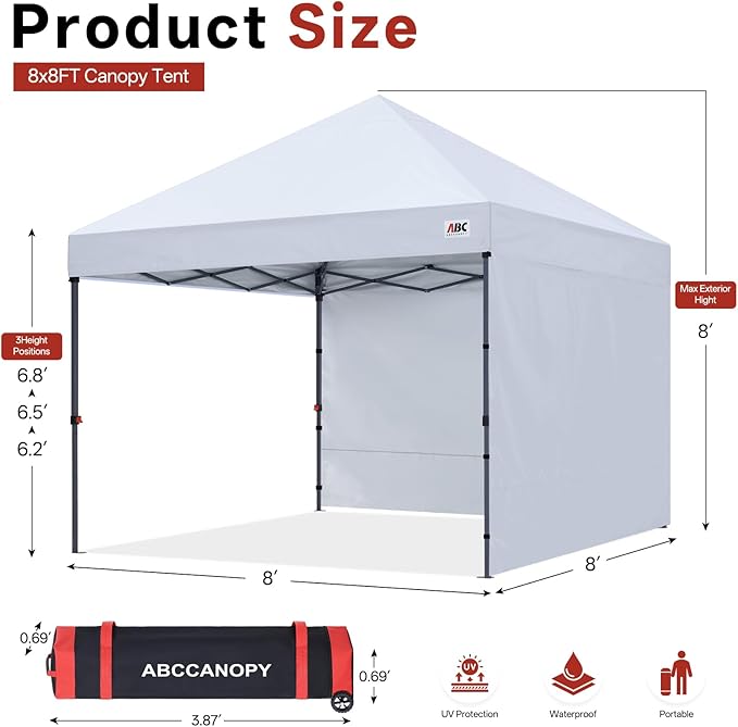 ABCCANOPY Easy Pop up Canopy Tent with 2 Sidewalls for Outdoor Sun Blocking or Rain Protection8x8 White