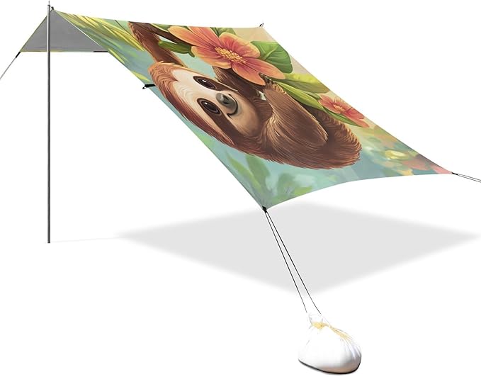 ALAZA Cartoon Sloth Hang on The Tree Floral Beach Tent Sun Shelter Portable Canopy Sunshade for Outdoor Camping Picnics Backyard Fun 10x9 ft