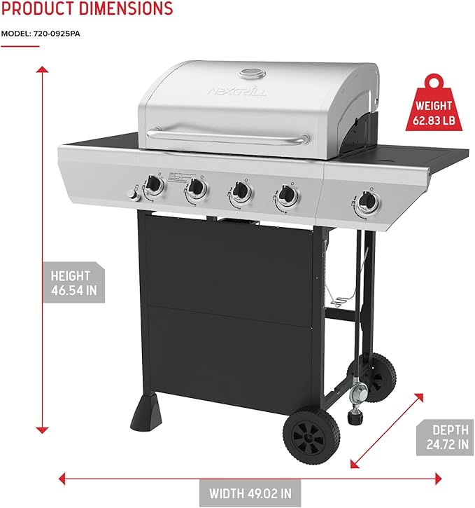 Nexgrill 4-Burner Propane Gas Grill with Side Burner 52000BTUs 562 SQ. In. Cooking Space BBQ Grill with Stainless Steel Lid &amp Control Panel for Outdoor Cooking Patios and More - 720-0925PA