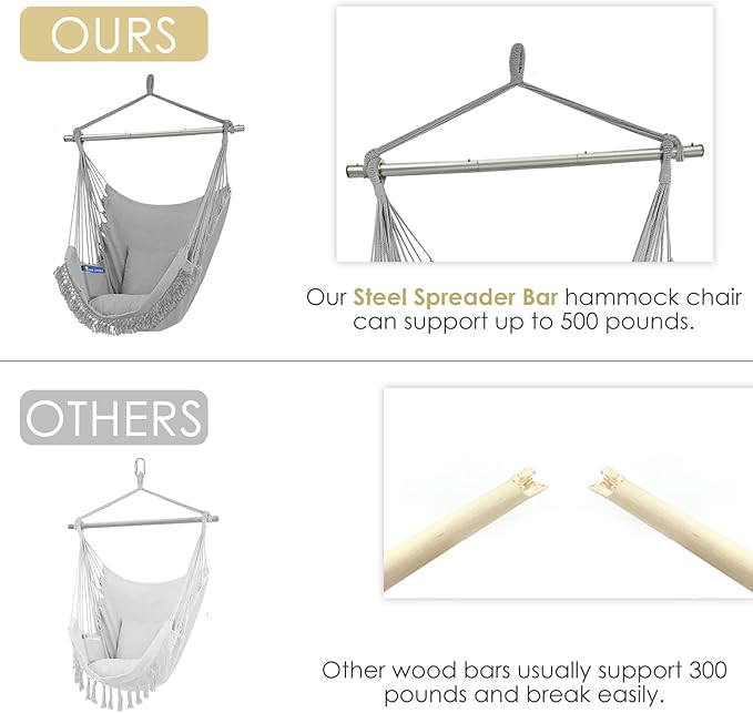 Gold Armour Hammock Chair Hanging Rope Swing Max 500lbs 2 Seat Cushions Included Hanging Chair with Pocket-Quality Cotton Weave for Superior Comfort &amp Durability (Gray)