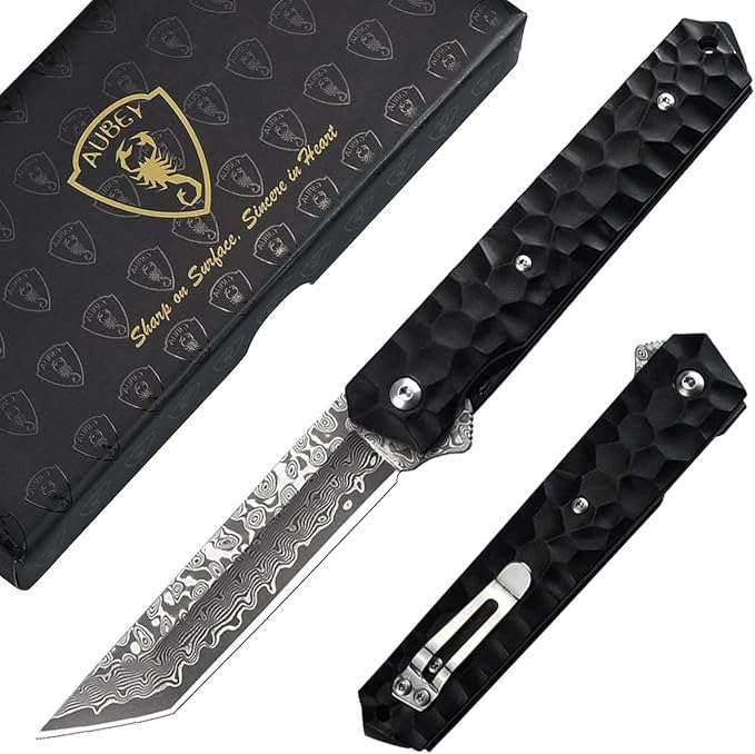 AUBEY Damascus Pocket Knife Tanto VG10 Core Damascus Steel Folding Knives with Ball Bearing Aluminum Alloy Non-Slip Handle and Glass Breaker EDC Damascus Knife for Men Women (Black)