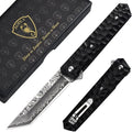 AUBEY Damascus Pocket Knife Tanto VG10 Core Damascus Steel Folding Knives with Ball Bearing Aluminum Alloy Non-Slip Handle and Glass Breaker EDC Damascus Knife for Men Women (Black)