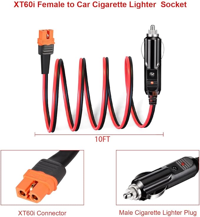 ELFCULB XT60i to Car Cigarette Lighter Plug 12AWG XT60i Female to 12V Car Cigarette Lighter Male Connector Cable for Solar Generator Portable Power Station(10FT)