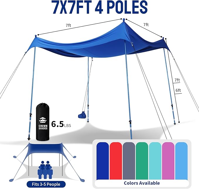 CROWN SHADES 7x7 Beach Tent Sun Shelter Easy Pop Up Beach Canopy Shade Portable Outdoor Carpas UPF50+ Includes 4 Poles Adjustable Aluminium Extra-Large Big Sand Shovel Navy Blue