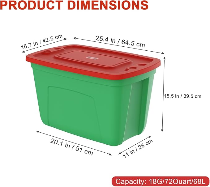4-Pack Christmas Storage Totes with Lids - Made in USA 18-Gallon(72-Quart)Red Storage BinsHoliday OrganizerPlastic Stackable Large Storage Boxes for HomeOfficeGarageBasement Red/Green