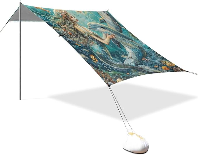 ALAZA Sea Mermaid with Dolphins Fish Beach Tent Sun Shelter Portable Canopy Sunshade for Outdoor Camping Picnics Backyard Fun 10x9 ft
