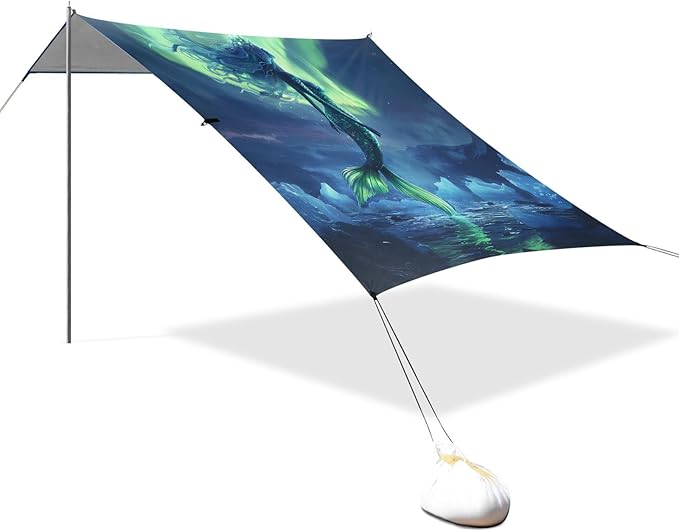 ALAZA Mermaid Northern Lights Beach Tent Sun Shelter UPF50+ Protection Beach Shade Canopy w/ 4 Sandbags for Outdoor Camping Fishing Backyard Fun Picnic 10x9 ft
