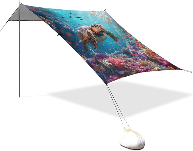 ALAZA Sea Turtle Undersea World Beach Tent Sun Shelter UPF50+ Protection Beach Shade Canopy w/ 4 Sandbags for Outdoor Camping Fishing Backyard Fun Picnic 10x9 ft