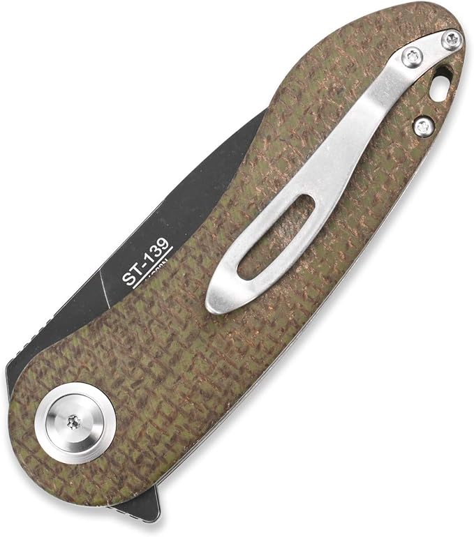 Sitivien ST139 Sandvik 14C28N Steel Blade Folding Knife Micarta Handle EDC Tool Knives for Outdoor Camping Hiking Hunting Survival(Green)