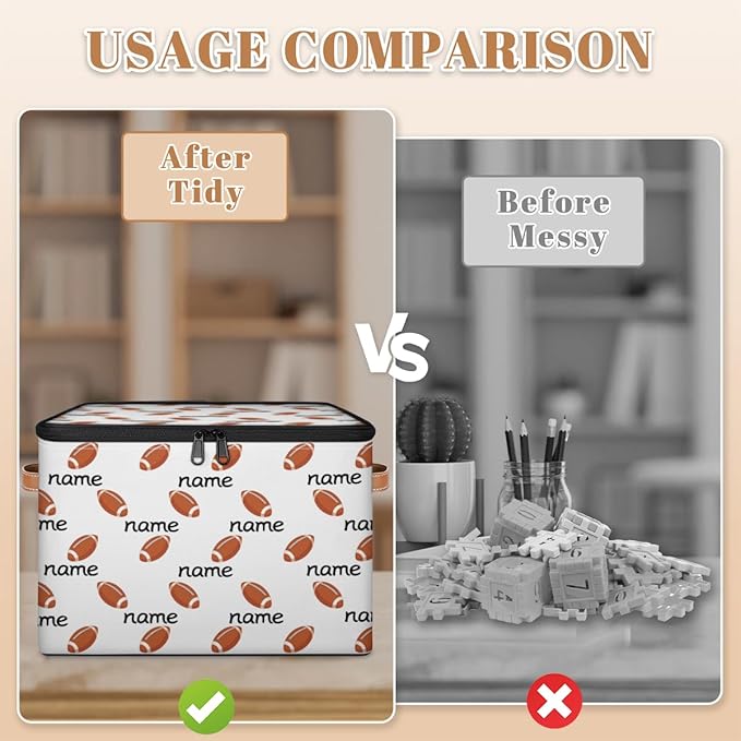 Custom Storage Bins with Zipper Lid Football Personalized Foldable Storage Baskets Brown Closet Shelf Clothes Organizer Cube with PU Leather Handles