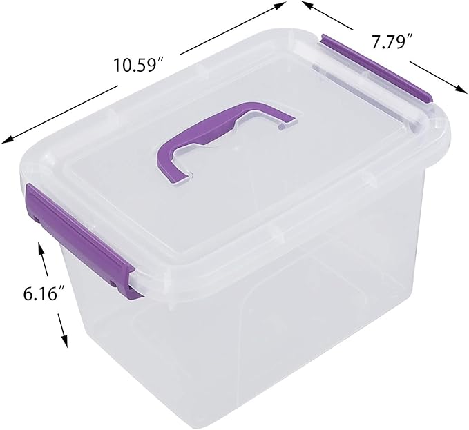 Clear Plastic Bin with Lid 6 Quart Latching Box with Purple Handle 6 Packs