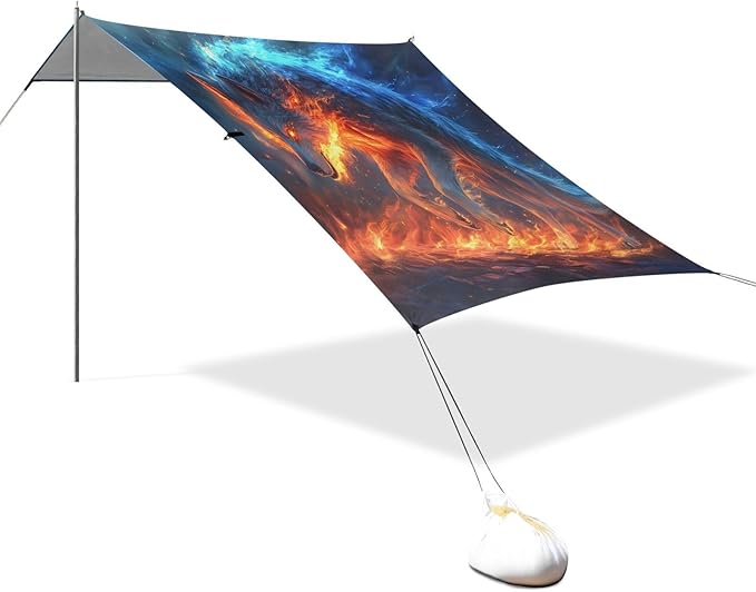 ALAZA Flame Wolf Beach Tent Sun Shelter UPF50+ Protection Beach Shade Canopy w/ 4 Sandbags for Outdoor Camping Fishing Backyard Fun Picnic 10x9 ft