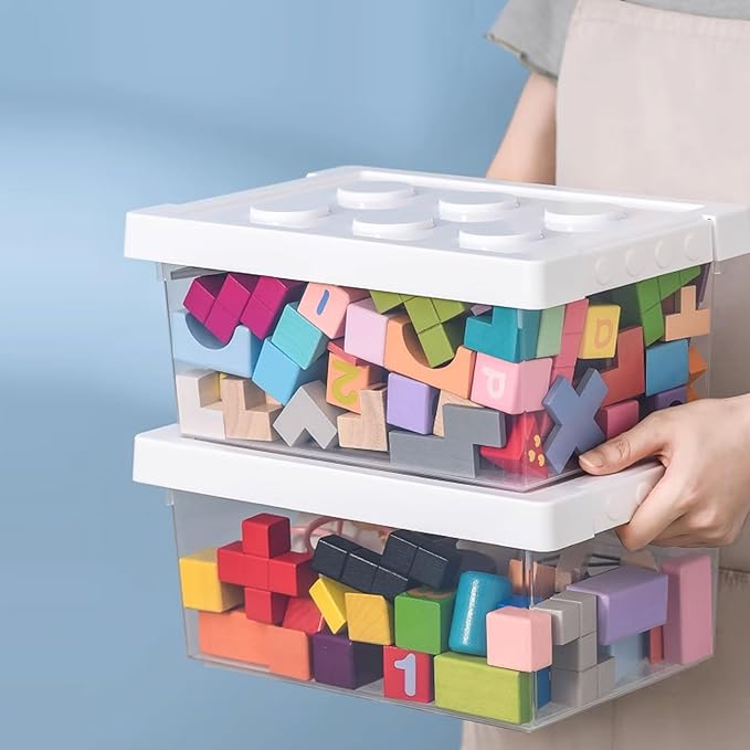 loobuu Plastic Storage Bins with Lids - Stackable Toy Storage Organizer Box Set of 2 Toy Chests with Compatible Building Baseplate and Lid Storage Container for Building Bricks &amp Toys- White