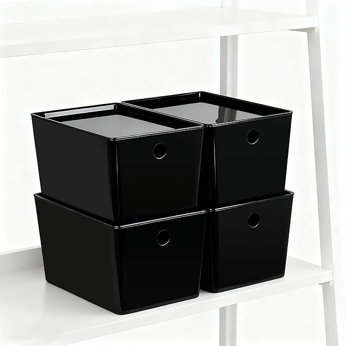 Soddeph 4 Pack Thick Plastic Storage Box with Lid Durable Stackable Storage Bins Hard Plastic Organizer Baskets for Home Office Small Storage Containers 10.1 x 7 x 5.8 (Black with Lid)