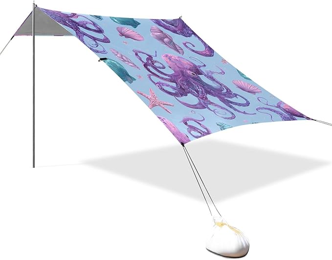 ALAZA Octopus Shell Beach Tent Sun Shelter UPF50+ Protection Beach Shade Canopy w/ 4 Sandbags for Outdoor Camping Fishing Backyard Fun Picnic 10x9 ft