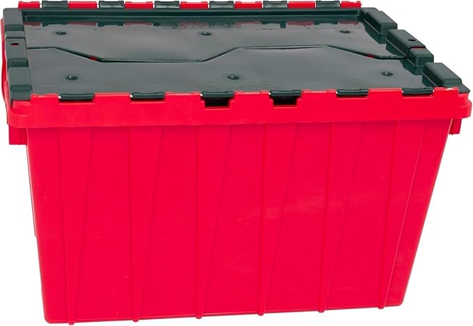 Akro-Mils KeepBox 12 Gallon Storage Container Nesting and Stackable Plastic Storage Box with Lid Attached Organizer Tote for Garages Closets and Moving 21-1/2 x 15 x 12-1/2 Red/Green