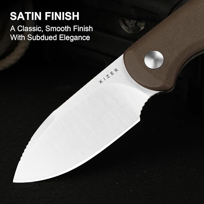 Kizer Drop Bear Fixed Blade Knife 2.57 14C28N Satin Blade EDC Camping Knife with Norplex UltreX™ Brown Micarta Handle &amp Built-in Tools Small Hunting Survival Knives with Kydex Sheath 1094A2