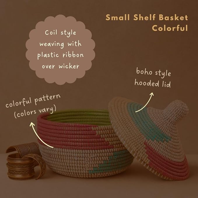 African Basket with Lid Colorful Pattern Hood Lid 10 Inch Wide