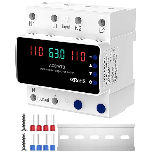Automatic Transfer Switch 63A 110V DIN Rail Mount Generator Transfer Switch with Automatic and Manual Operation LED Display Over Voltage and Over Current Protection 50/60Hz