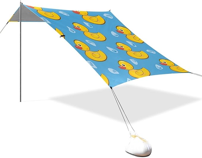 ALAZA Yellow Duck Blue Beach Tent Sun Shelter UPF50+ Protection Beach Shade Canopy w/ 4 Sandbags for Outdoor Camping Fishing Backyard Fun Picnic 10x9 ft