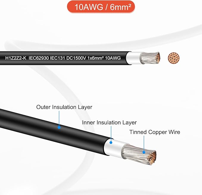 MECCANIXITY Solar Panel Wire 328ft 10AWG 6mm2 Solar Cable Extension Tinned Copper Wire Black for RV Boat Marine Solar Panel