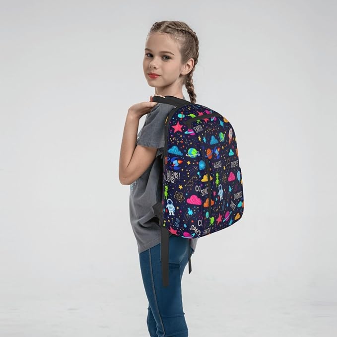 Cartoon space rockets astronaunt planets stars alien art Travel Backpack Water Resistant Bookbag