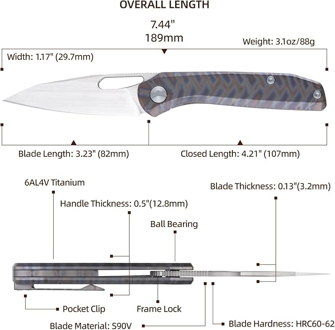 Folding Pocket Knife 3.23 S90V Blade EDC Knife with Titanium Handle Small Pocket Knife with Clip and Frame Lock Sharp Camping Hiking Hunting Survival Knives for Men（Colourful）