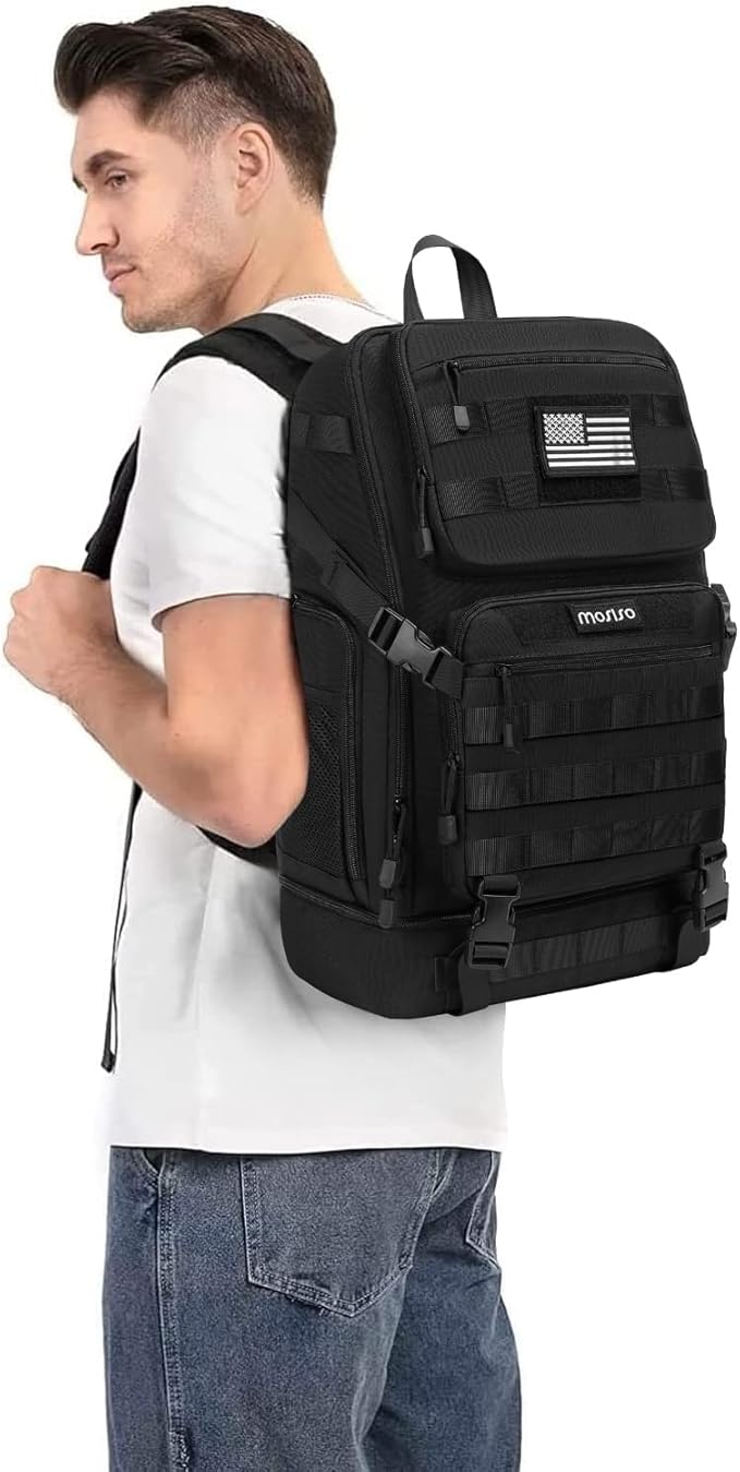 MOSISO 23L Tactical Backpack with Bottom Insulated Cooler Military Daypack 3 Day Assault Pack Army Rucksack Bug Out Bag with USA Flag Patch for Men Women Sport Outdoor Hiking Camping Training Black