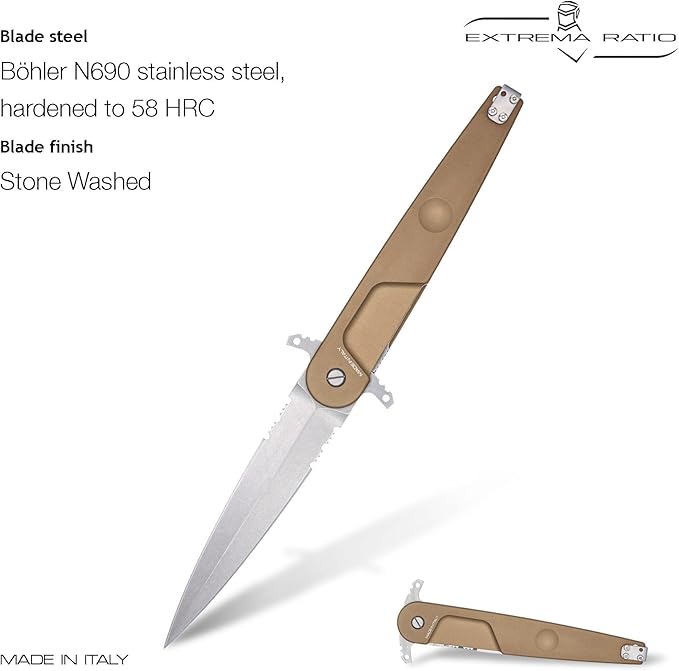 Extrema Ratio - BD4 Contractor (Desert) Folding Knife Bhler N690 Steel Blade Stone Washed Finish Smooth Aluminum Handle Ergonomic Design Reversible Clip