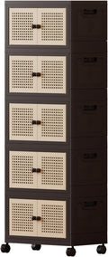 Foldable Plastic Storage Cabinet with Wheels Rattan-Style Doors Stackable Organizer with Magnetic DoorsStorage Boxes for Living Room Bedroom Office 5-Tier
