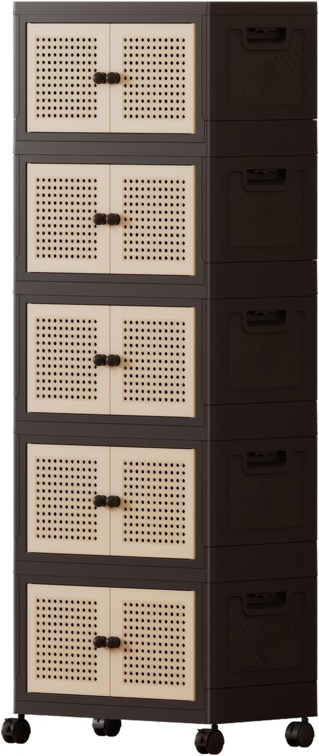 Foldable Plastic Storage Cabinet with Wheels Rattan-Style Doors Stackable Organizer with Magnetic DoorsStorage Boxes for Living Room Bedroom Office 5-Tier