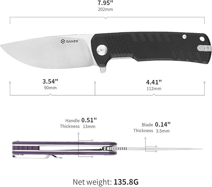 Firebird Ganzo G769-BK EDC Folding Pocket Knife Razor Sharp D2 Stainless Steel Blade G10 Handle with Clip Outdoor Hunting Fishing Hiking Folder Best Gift for Men (Black)