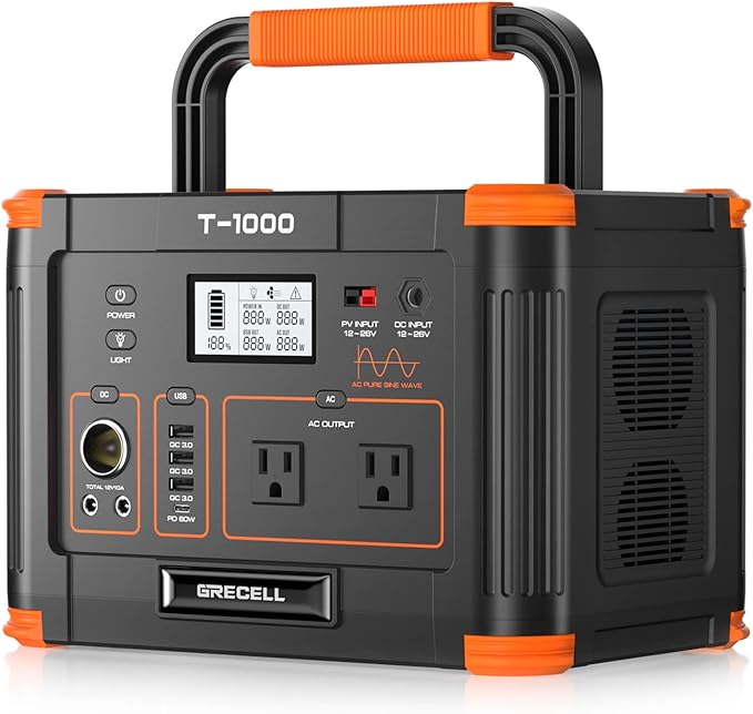 GRECELL 999Wh Solar Generator 1000W Portable Power Station with 60W USB-C PD Output 110V Pure Sine Wave AC Outlet Backup Lithium Battery for Outdoors Camping Travel Hunting Home (Peak 2000W)