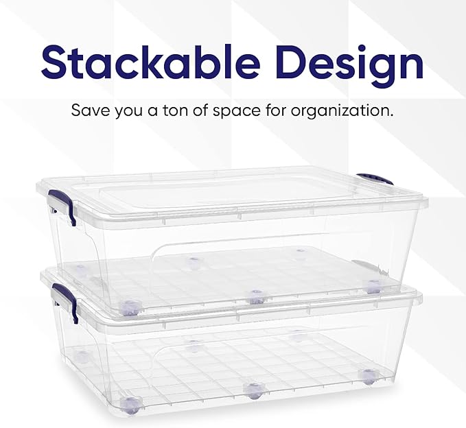 Superio Storage Bins with Lids- Clear Boxes for Organizing Stackable Plastic Containers- BPA Free Non-Toxic Odor Free Organizer for Home Office Dorm (8 Pack 42 Qt (Under Bed-Wheeled))