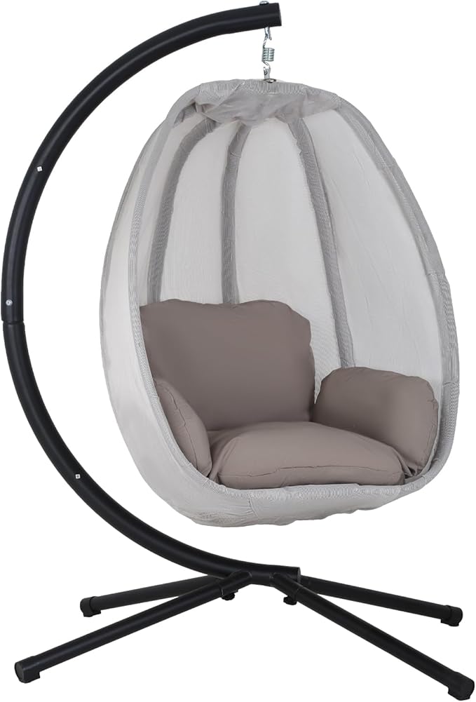 Egg Chair with Comfy Cushions Indoor Outdoor Hanging Chair Sturdy Heavy Duty Hammock Chair with Stand Cushions Breathable Fabric Cover for Patio Bedroom Garden Poolside Grey