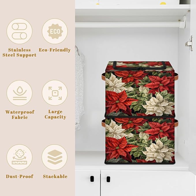 KOBLEN Poinsettia Flower Storage Basket Collapsible Rectangular Storage Bins with Zipper Lid Handle Closet Shelf Cloth Organizer Basket for Nursery Bedroom Clothes Toy 2 Pack