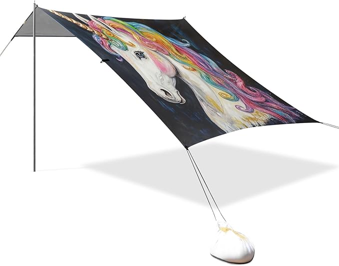 ALAZA Rainbow Unicorn Head Beach Tent Sun Shelter Portable Canopy Sunshade for Outdoor Camping Picnics Backyard Fun 10x9 ft