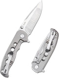 Handy Pocket Knife Folding Knife with 3.4''D2 CNC Titanium Handle Small EDC Knife with Pocket Clip for Men Women Emergency Camping Survival Hiking Knives Silvery