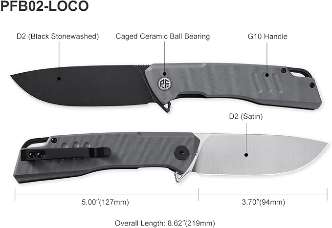 Petrified fish PFB02 Loco Pocket Knife 3.70 D2 Satin Blade Camping Knife 5.29oz G10 Handle Flipper Liner lock Folding knife for EDC (Blue Satin)