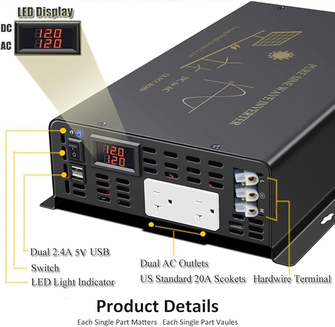 3000Watt Pure Sine Wave Power Inverter 12VDC to 120VAC 6000W Peak Built-in Soft Starter Dual AC Outlets 2× 2.4A USB Port &ampHardwire Terminal Off-Grid Solar Converter RV Trucks (U5-300012)
