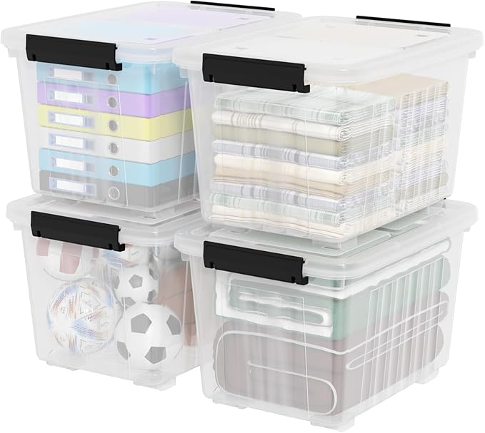 4-Pack 50 Quart Plastic Storage Bin Box Organizing Container with Lid and Secure Latching Buckles Stackable Wheeled Box Clear