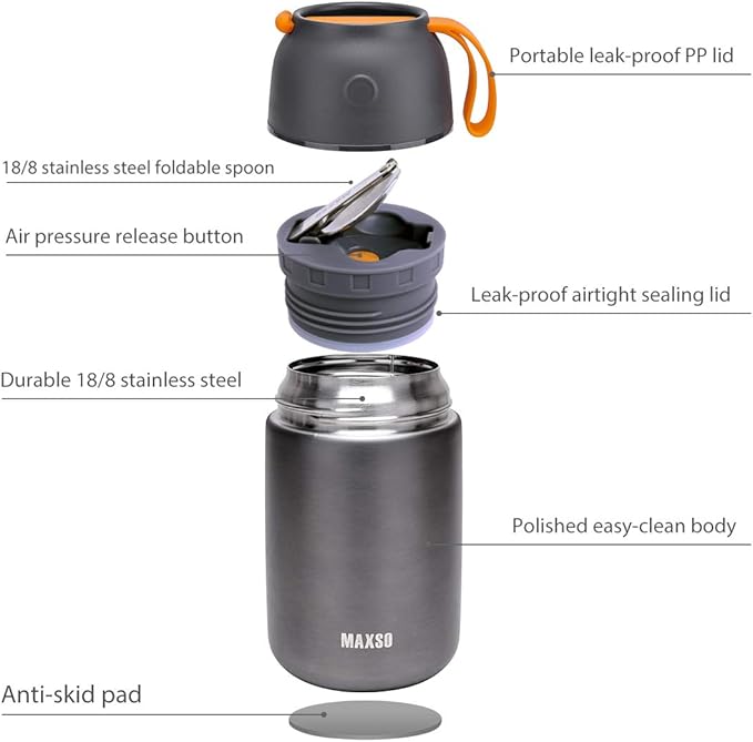 MAXSO 2 Pack Soup Thermo for Hot &amp Cold Food for Kids Adults Vacuum Insulated Food Jar Thermal Lunch Containers Travel Food Flask with Spoon (24 oz17 oz) (Grey)