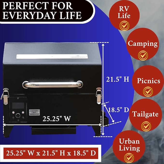 Freedom Portable Pellet Grill &amp Smoker: Digital Display Dual Meat Probes 242 sq in Cooking Area AC/DC Powered Black