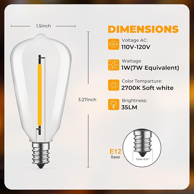 48 Pack ST38 LED Replacement String Light Bulbs 1Watt Equivalent to 7Watt Traditional Bulb Shatterproof E12 LED Bulb for Outdoor Patio Garden Vintage String Lights 2700K Dimmable