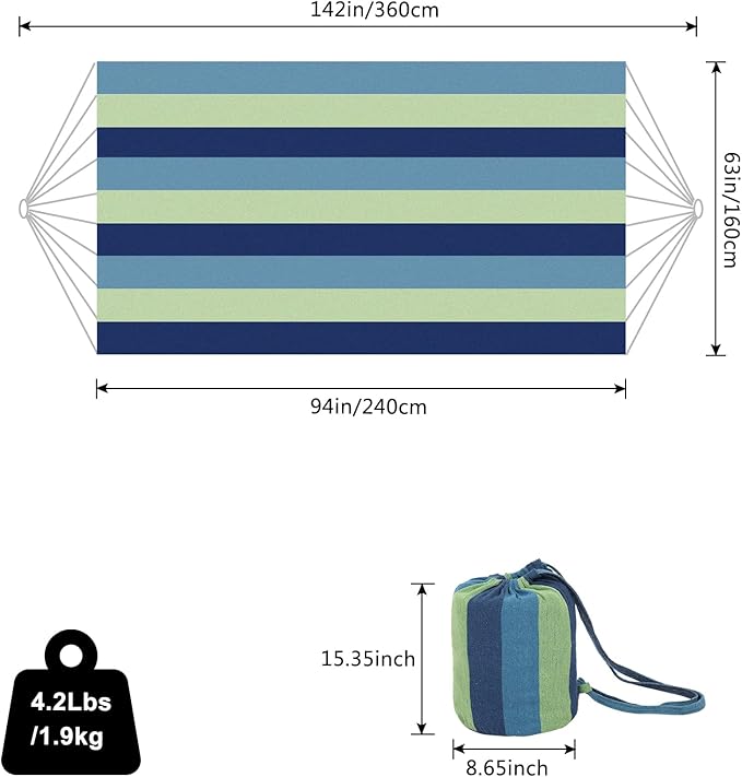 ONCLOUD Extra Long and Wide Double Hammock for Travel Camping Backyard Porch Outdoor or Indoor Use Carrying Pouch Included (Blue/Green Stripes)