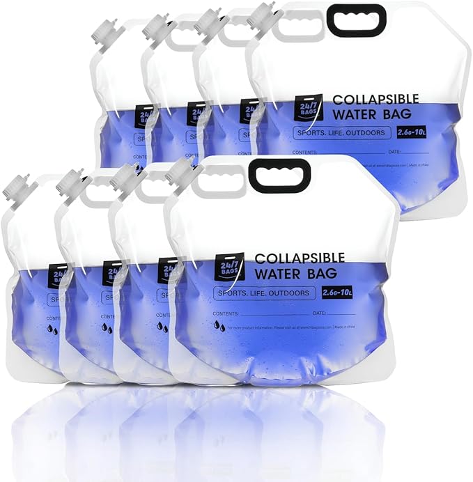 24/7 BAGS 8 Pack Collapsible Water Container Bag 2.6 Gallon/10 Liter Heavy Duty with Carry Handles Hikes Trips Weather Emergencies and More Foldable Water Bag