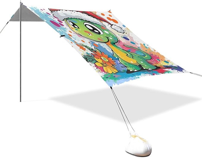 Funny Dinosaur1 Beach Tent &amp Canopy UPF50+ Protection Easy Setup Large Portable Sun Shelter with Sturdy Poles Sandbags and Shovel for Camping Fishing Backyard Fun