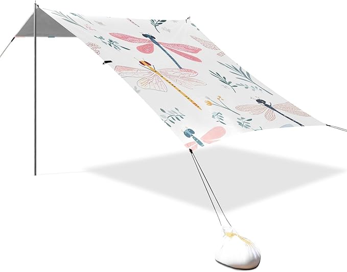 Cute Dragonfly White Stable Beach Tent UPF50 Water-Resistant Portable Sun Shelter with Sandbags &amp Sand Shovel for Family Trips Picnics &amp Camping