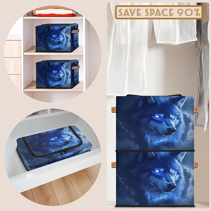 Blue Wolf Storage Box with Lid Wild Animal Collapsible Storage Bins Baskets Cubes Closet Shelf Clothes Organizer Containers with PU Leather Handles