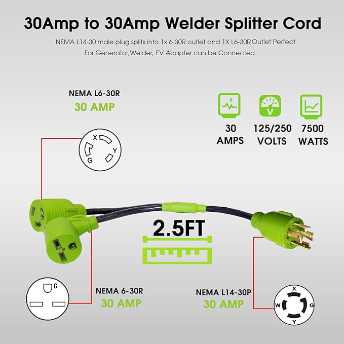 30Amp Generator to Welder Y Splitter Adapter NEMA L14-30P to NEMA 6-30R/L6-30R Y Splitter Cord Adapter for 50Amp and 30Amp Welder and Level 2 EV Charger 240V STW 4/10 AWG 2.5FT